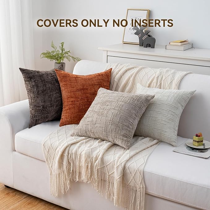 Decorative Throw Pillow Covers 20x20 Inch Set of 4, Soft Solid Farmhouse Chenille Couch Pillows, Spring Pillow Covers for Couch Sofa Bed Living Room Home Decor Pillowcase, Warm Colors