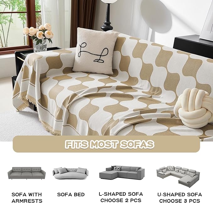 MEETSKY Couch Cover Modern Khaki White Plaid Jacquard Sofa Slipcover U Shape Sofa Protector for 3 Cushion Couch Sofa, Chenille Sofa Couch Coverfor Dogs Kids, 91" X134", Khaki Checkerboard