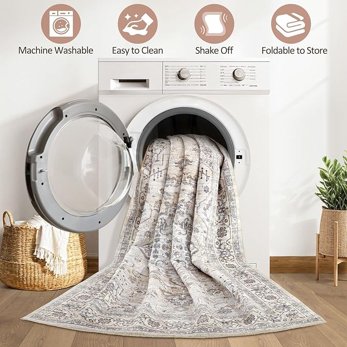 Runner Rug Kitchen Washable Rugs: 3x8 Non-Slip Boho Soft Vintage Stain Resistant Indoor Floor Neutral Farmhouse Throw Carpet for Hallway Bathroom Laundry Room Entryway Bedroom- Ivory Gray