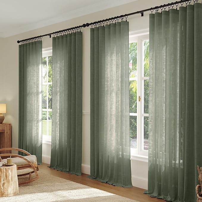 Anmao Natural Linen Curtains for Living Room 80 Inch Length 2 Panels Set, Light Filtering Semi Sheer Window Curtain Drapes for Bedroom with Curtain Rings and Clips, 52Wx80L, Olive Green