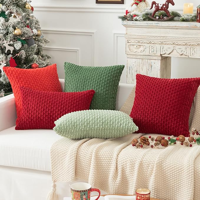 Kevin Textile 12x20 Inch Pillow Cover 1 Pack Boho Christmas Decorative Soft Striped Corduroy Lumbar Farmhouse Color Accent Rectangle Cushion Case for Living Room Couch Sofa Bed, Red