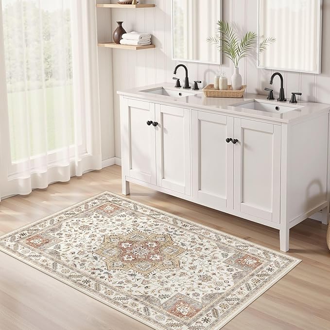 Vintage Living Room Area Rug 3x5 - Large Soft Washable Oriental Traditional Distressed Farmhouse Rugs for Bedroom - Indoor Floor Accent Carpet for Home Office House Decor - Golden Taupe