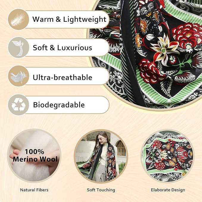 DANA XU 100% Merino Wool Extra Large Pashmina Blanket Travel Scarf Cashmere Wrap for Women Fall Winter Oversize Shawl Floral