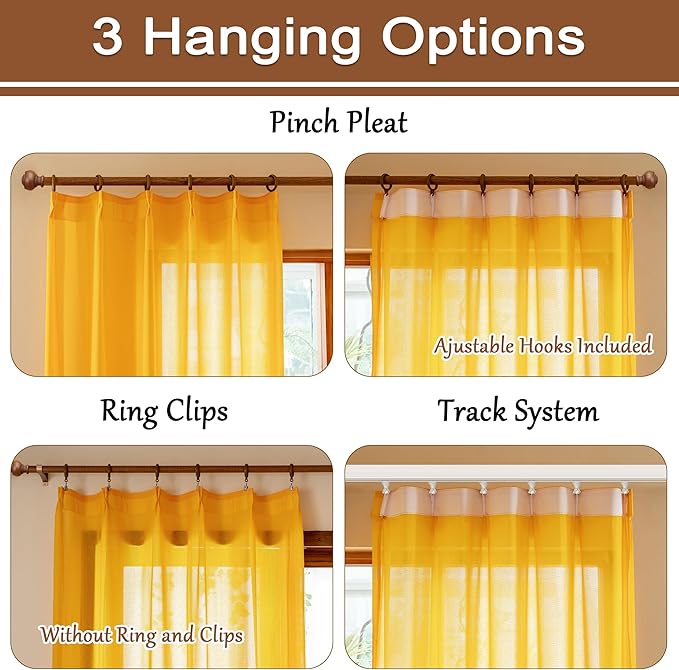 MAIHER Gold Pinch Pleat Sheer Curtains 63 Inches Long Soft Touch Lightweight Privacy Light Filtering Pleated Drapes with Adjustable Hooks for Bedroom Living Room, Gold, 42" W x 63" L, 2 Panels
