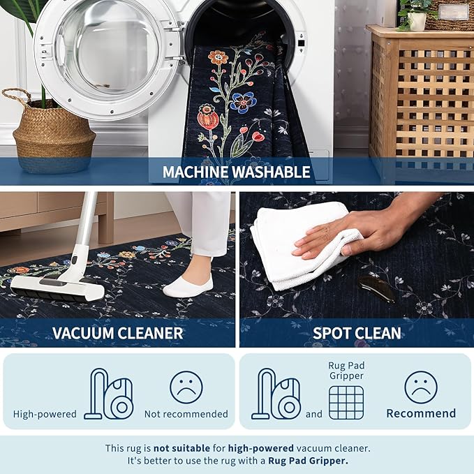 Garveehome 5x7 Washable Floral Area Rugs for Living Room: Modern Floral Non Slip Large Area Rugs for Bedroom, Large Machine Washable Living Room Low Pile Carpet with Non-Slip Backing Black 5 ft x7 ft.