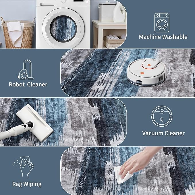 Ciicool 6ft Round Washable Rug, Modern Abstract Circle Rugs, Non-Slip Thin Low-Pile Rug Navy Grey Circular Print Distressed Carpet for Bedroom Living Room Under Dining Table Home Office Decor