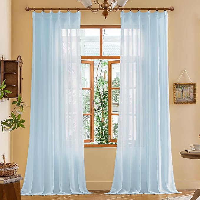 MAIHER Baby Blue Pinch Pleat Sheer Curtains 120 Inches Long for Living Room Ceiling to Floor 10ft Curtains Light Filtering Pleated Drapes with Adjustable Hooks, Sky Blue, 42" W x 120" L, 2 Panels