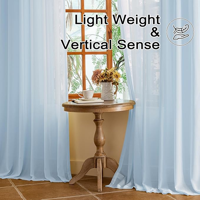 MAIHER 102 Inches Long Pinch Pleated Curtains Light Blue for Sliding Door Soft Touch Lightweight Light Filtering Sheer Pleated Drapes with Ajustable Hooks, Sky Blue, 42" W x 102" L, 2 Panels