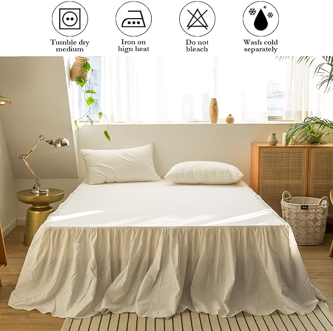 BISELINA French Linen Bed Skirt with Pleated Frills 22-Inch Tailored Drop Natural Flax Cotton Blend Dust Ruffle Soft Cozy Farmhouse Bedding (22" Twin, White)