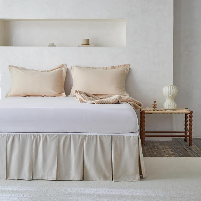 BISELINA French Linen Pleated Bed Skirt, 18" Tailored Draped Natural Linen-Cotton Blend Basic Dust Border Soft Comfort Farmhouse Bedding (18" Queen, Linen)