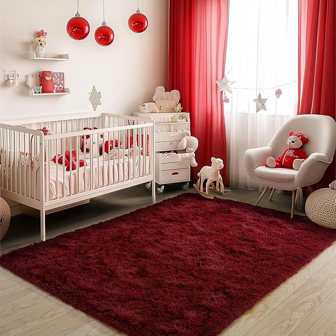 Burgundy Plush Rug for Living Room Fuzzy Carpet for Bedroom Dorm, Non-Slip High Pile Rug, Shag Rug for Playroom Nursery Home Office Decor 8X10 Ft