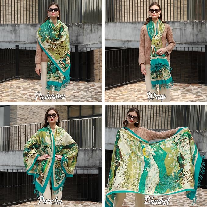 DANA XU 100% Merino Wool Extra Large Pashmina Blanket Travel Scarf Cashmere Wrap for Women Fall Winter Oversize Shawl Floral