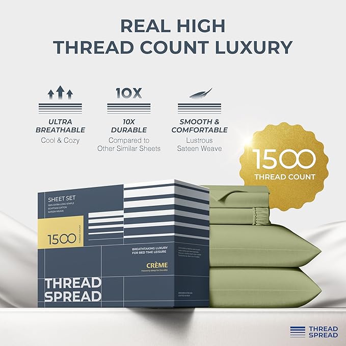 THREAD SPREAD 100% Egyptian Cotton Sheets California King Size Bed Set - 4 PC 1500 Luxury High Thread Count Sage Green Cal King Bed Sheets, Silky Soft, Cooling, Sateen, 17" Deep Pocket Bedsheet Set