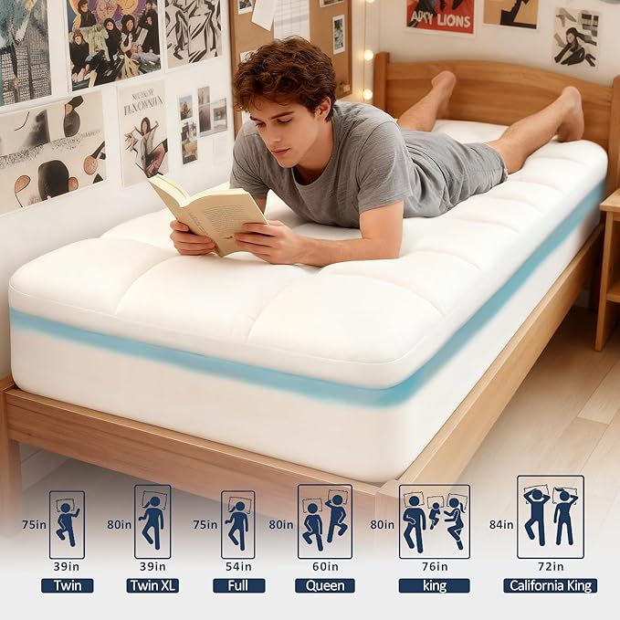 Dual Layer 4 Inch Memory Foam Twin XL Mattress Topper for College Dorm, 2 Inch Cooling Gel Memory Foam and 2 Inch Down Alternative Pillow Top Mattress Pad Cover 8-24 Inch Deep Pocket