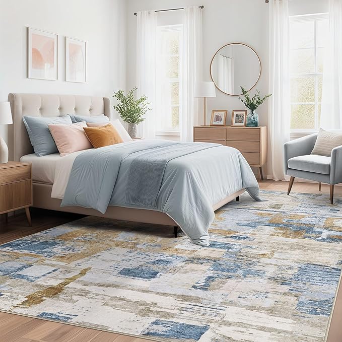 Abstract Living Room Rug 9x12 - Modern Washable Soft Thin Area Rug for Living Room Bedroom Under Dining Table - Neutral Indoor Floor Rug Carpets for Home Office Playroom Nursery - Blue Gold
