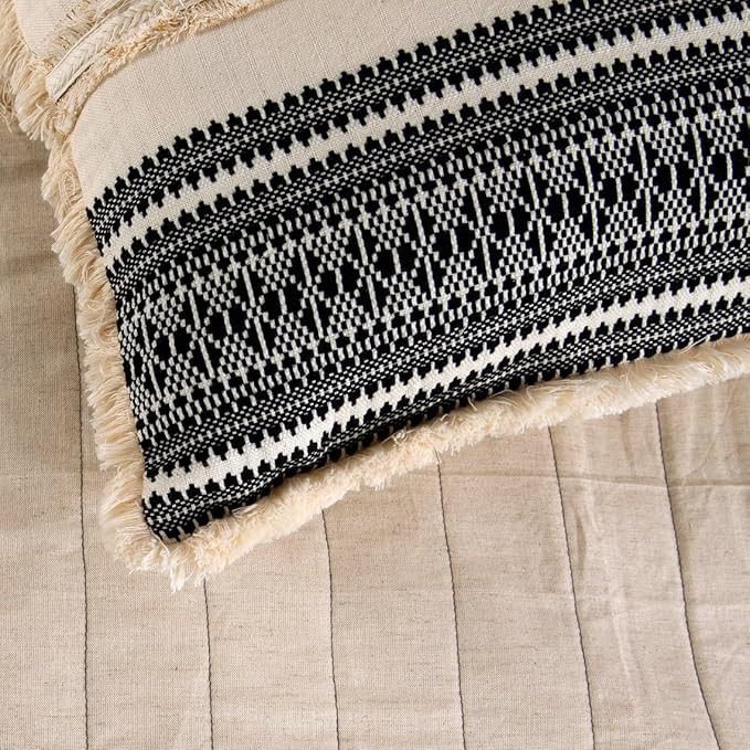 The HomeCentric Beige Bed Runner, Full Size 68"x18" Decorative Bed Runner with 2 Matching Pillow Cover, Beige & Black Linen Bed Scarf in Quilted, Natural Linen with Lace - Moroccan Vibe