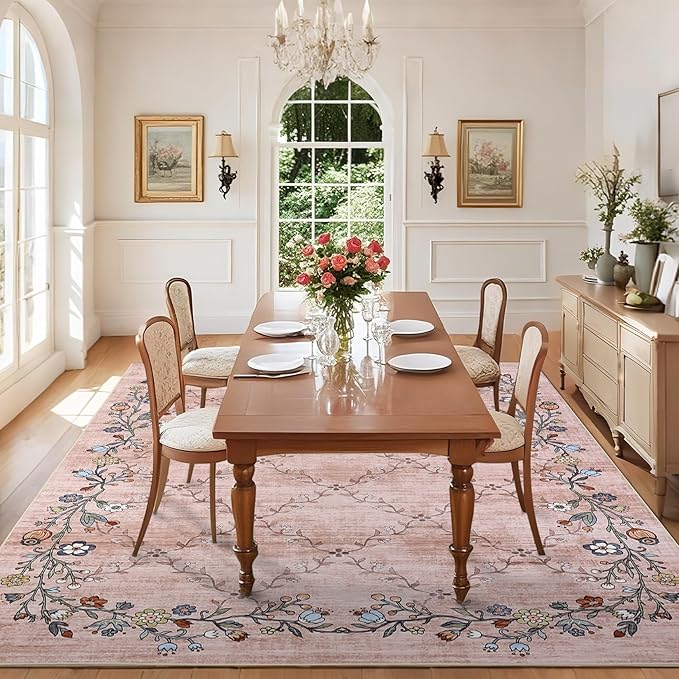 GarveeHome 8x10 Washable Floral Area Rugs for Living Room: Modern Floral Non Slip Large Area Rugs for Bedroom, Large Machine Washable Living Room Low Pile Carpet with Non-Slip Backing Pink 8'x10'.