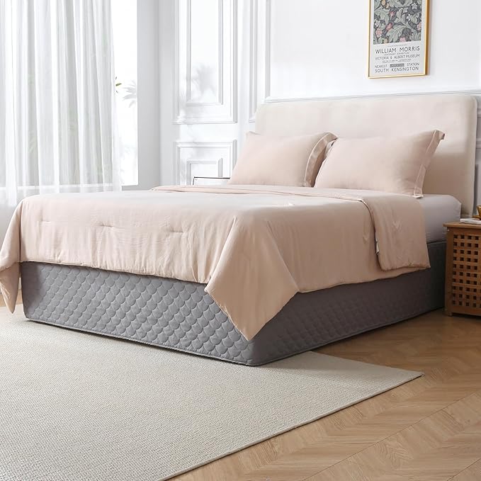 King Size Gray Bed Skirt with 14-Inch Drop, Easy Fit Wrap-Around Cover for Bed, Wrinkle-Free and Fade-Resistant Box Spring Cover. (Gray Seashells, King)