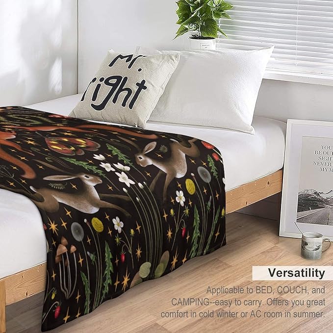 Rustic Forest Throw Blanket, Fairy Tale Forest Land Wild Animals Moths Flowers Moon Star Soft Flannal Blanket for Adult Kids Bed Couch Sofa, 40"x50"
