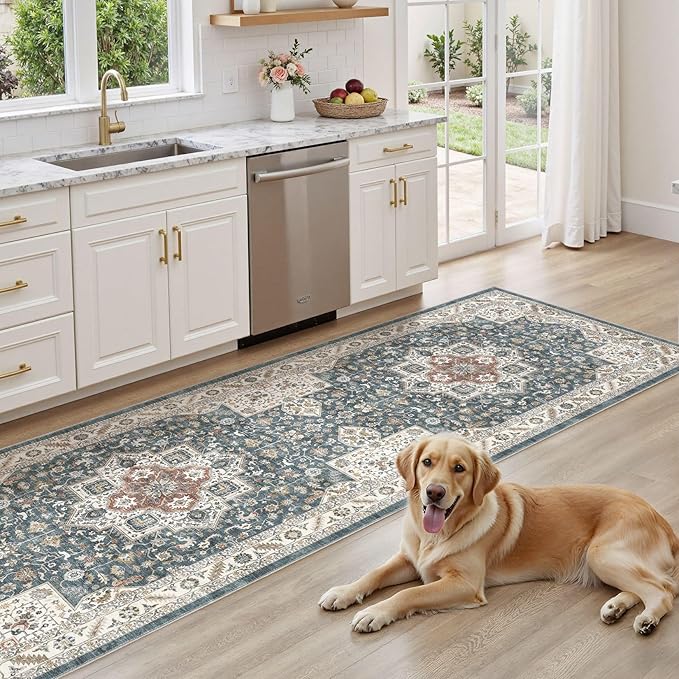 Vintage Hallway Runner Rug 3x14: Large Soft Washable Entryway for Kitchen Laundry Room Non-Slip Backing Runner for Entrance Living Room Bedroom Bathroom - Vintage Blue