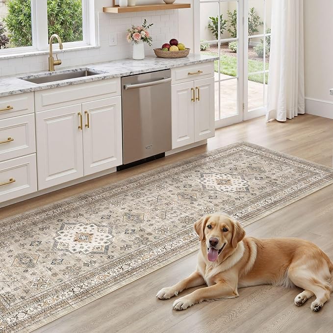 Vintage Hallway Runner Rug 3x12: Large Soft Washable Entryway for Kitchen Laundry Room Non-Slip Backing Runner for Entrance Living Room Bedroom Bathroom - Beige