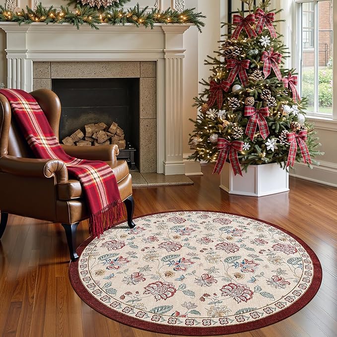 jinchan Elora 4ft Floral Round Rug for Entryway Washable Rug Vintage Romance Christmas Design Non Slip Indoor Doormat Lightweight Low-Profile Throw Carpet for Living Room Dining Room, Red/Beige