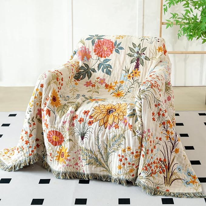 MSGKV Boho Throw Blanket for Couch Chair 100% Cotton Floral Blanket 50"x60" Sofa Blankets Lightweight Farmhouse Muslin Breathable Bed Blankets Home Decor All Seasons