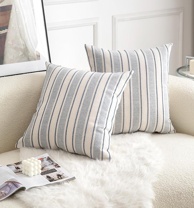 Decorative Boho Throw Pillow Covers, Farmhouse Textured Pillow Case, 22 x 22 Inch Set of 2, Chair Sofa Bedroom Living Room Home Decor Couch Cushion Case, Classic Blue and Beige Striped