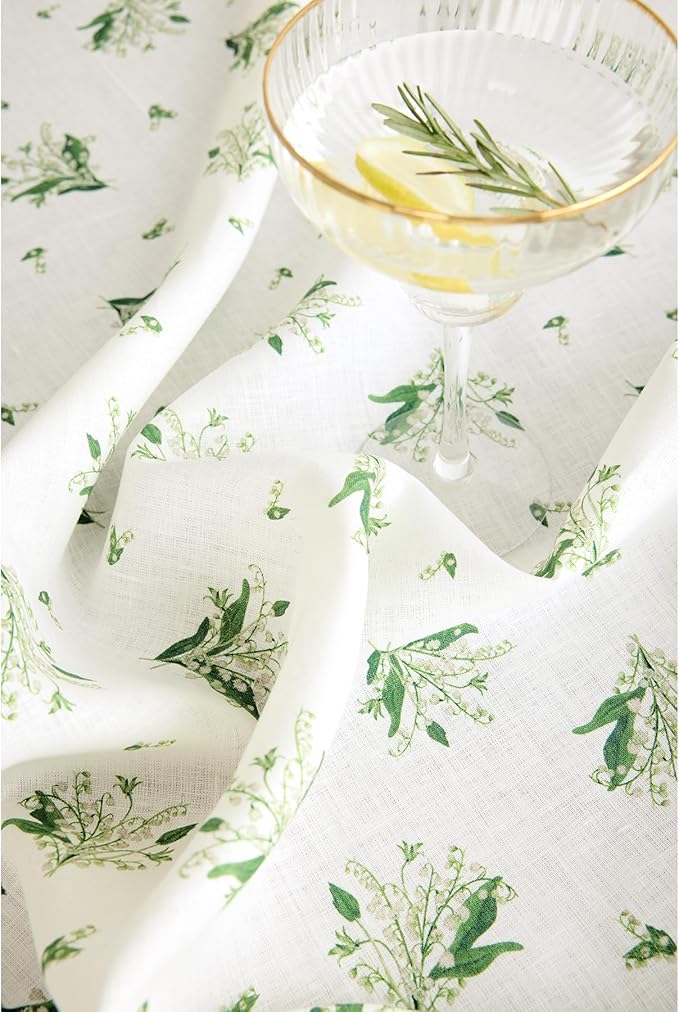 Solino Home Lily Floral Print Table Runner 72 Inches Long - 100% Pure Linen Table Runner 14 x 72 Inch - Machine Washable - Lily of The Valley/White Print