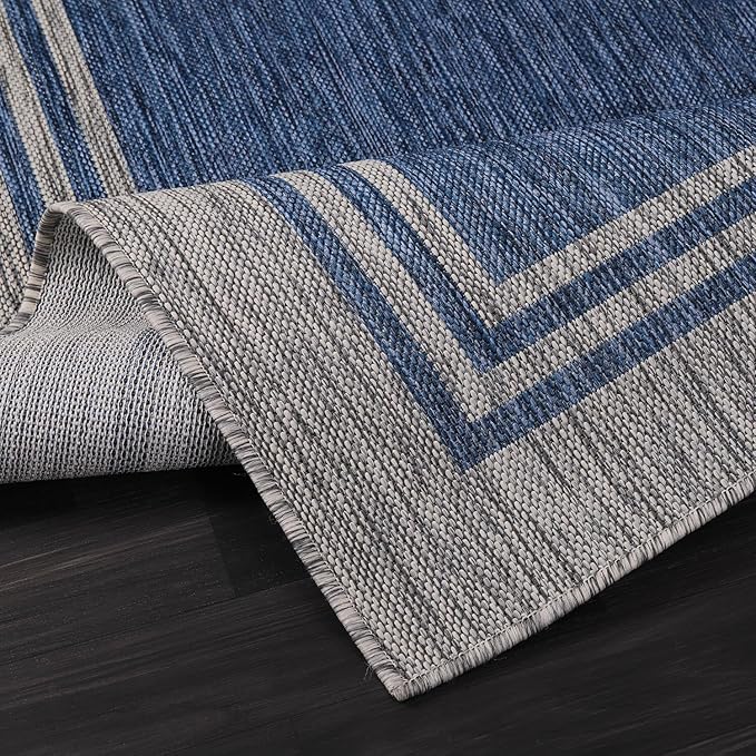 Bordered Outdoor Rug 9x12 Washable Outside Carpet for Indoor Patio Porch Waterproof Easy Cleaning Non Shedding Area Rugs Navy 9 x 12