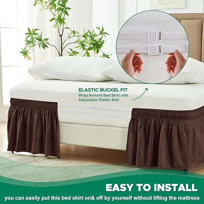 Biscaynebay Wrap Around Bed Skirts for Queen Beds with Short Drop of 12", Brown Adjustable Elastic Dust Ruffles Easy Fit Wrinkle Resistant Silky Luxurious Fabric Machine Washable