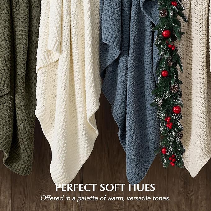 EVERGRACEHOME Chunky Chenille Knit Throw Blanket for Couch, Soft Luxurious Moss Stitch Blankets for Bed, Cozy Decorative Farmhouse Knitted Throws for Sofa, Olive Green, 50" x 60"