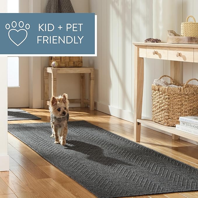 TOWN & COUNTRY BASICS Pax Herringbone Textured Solid Everwash® Washable Runner Area Rug, Low Pile, Non-Slip Backing, Easy Clean Pet & Family Friendly Rug, Dark Grey, 2'5"x10'2"