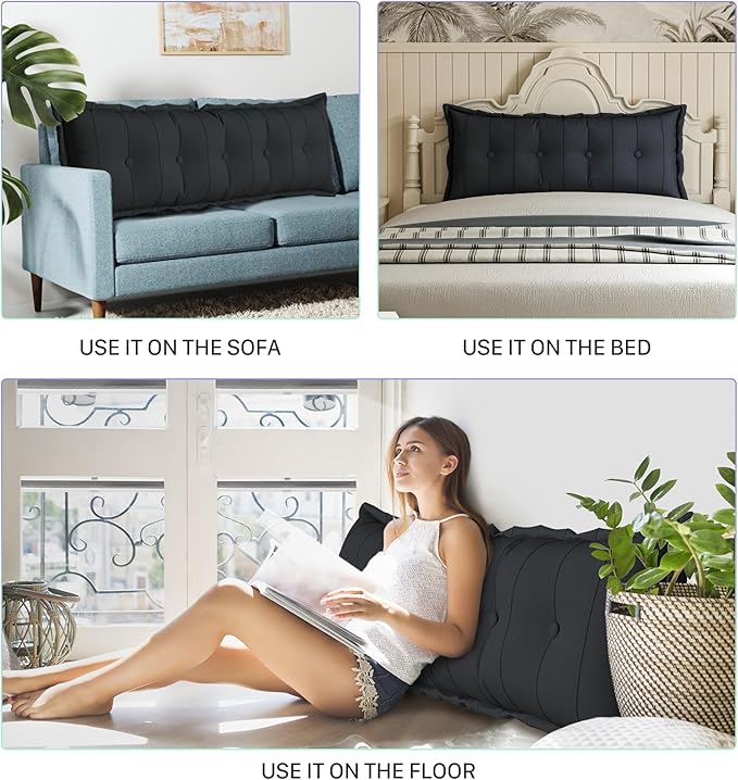 Large Bolster Reading Pillow Full Backrest Positioning Support Pillow Daybed Cushion Headboard Pillows for Bed Bunk Sofa with Removable Cover, Black, 54x3x20 Inch