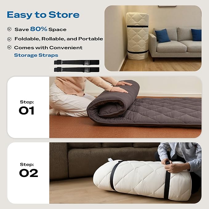 Aircliff Japanese Floor Mattress, Roll Up Tatami Mat, Sleeping Pad, Shikibuton, CertiPUR-US Certified Foam Floor Bed Futon Mattress for Dormitory, Guest Bed, Designed in Japan(Light Grey, Full)