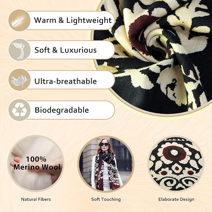 DANA XU 100% Merino Wool Pashmina Shawl for Women 96"x43", Oversized Cashmere Wrap with Tassels, Floral Travel Blanket Cape