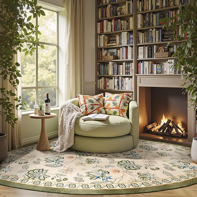 jinchan Elora Floral Corner Rug for Living Room Washable Rug Vintage Romance Christmas Design Non Slip Quarter Circle Lightweight Low-Pile Throw Carpet for Reading Playroom, 7ft Radius, Green/Beige