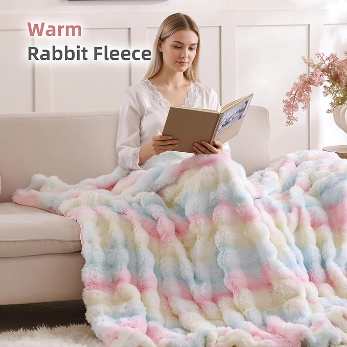 Smoofy Faux Fur Throw Blanket for Couch – Rainbow Fluffy Cozy Rabbit Fleece, Plush Soft Bubble Blanket for Sofa & Bed, for Mom, Warm Fuzzy Home Room Decor Throw 60" x 80"