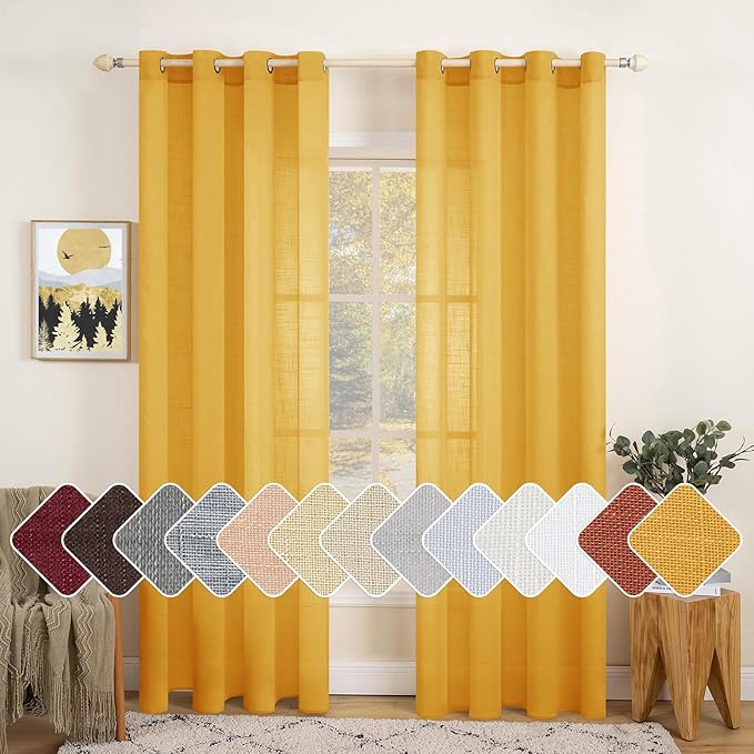 MIULEE 2 Panels Natural Linen Sheer Window Curtains Elegant Mustard Yellow Fall Drapes Grommet Top Window Voile Panels Linen Textured Panels for Bedroom Living Room (52X90 Inch)