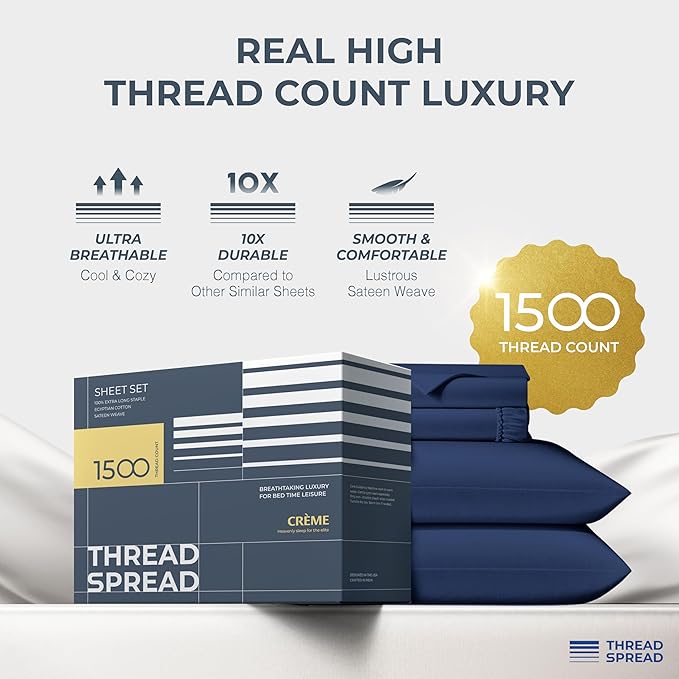 THREAD SPREAD 100% Egyptian Cotton Sheets Queen Size - 1500 Thread Count 4 PC Queen Sheet Set Egyptian Cotton, Sateen Luxury Sheets Queen Size, High Thread Count Sheets, 17" Deep Pocket - Navy Blue