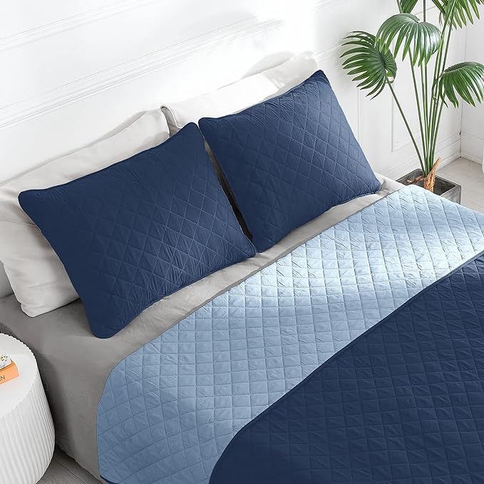 Easy-Going King Size Reversible Quilt Set with 1 Quilt and 2 Pillow Shams, Soft Bed Quilt Cover, Water Resistant Lightweight Microfiber Bedspread, Stain Resistant, Dark Blue/Light Blue