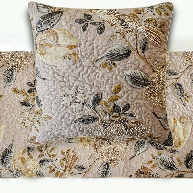 The HomeCentric Beige Bed Runner for King/Queen/Twin Cotton Decorative Bed Scarf 53"x18" Bed Runner Without Pillow Cover, Bird & Floral Bed Scarf Bedroom Décor Accent - Lucinda