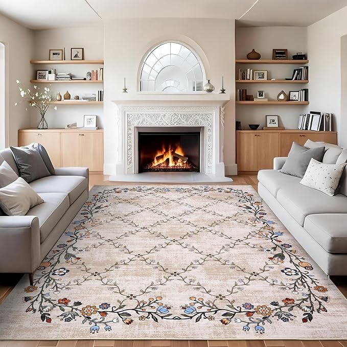 Garveehome 4x6 Washable Floral Area Rugs for Living Room: Modern Floral Non Slip Large Area Rugs for Bedroom, Large Machine Washable Living Room Low Pile Carpet with Non-Slip Backing Beige 4 ft x6 ft.