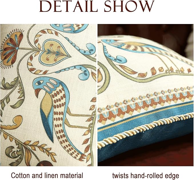 patdrea Designer Rectangle Throw Pillow Covers,Farmhouse Blue Linen with Birds Floral Pattern Pillow Cover,Decorative Lumbar Pillowcases Cushion for Bed Living Room Outdoor Car,12"x20"