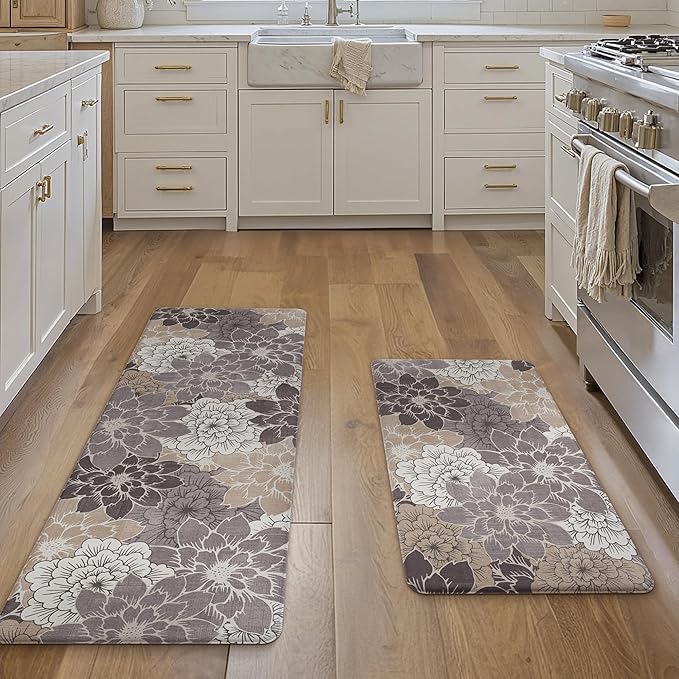 GENIMO Kitchen Mats for Floor 2PCS, Cushioned Anti Fatigue Kitchen Rugs Floral Patterns Mat 20"x32"+20"x48", CoffeeBrown