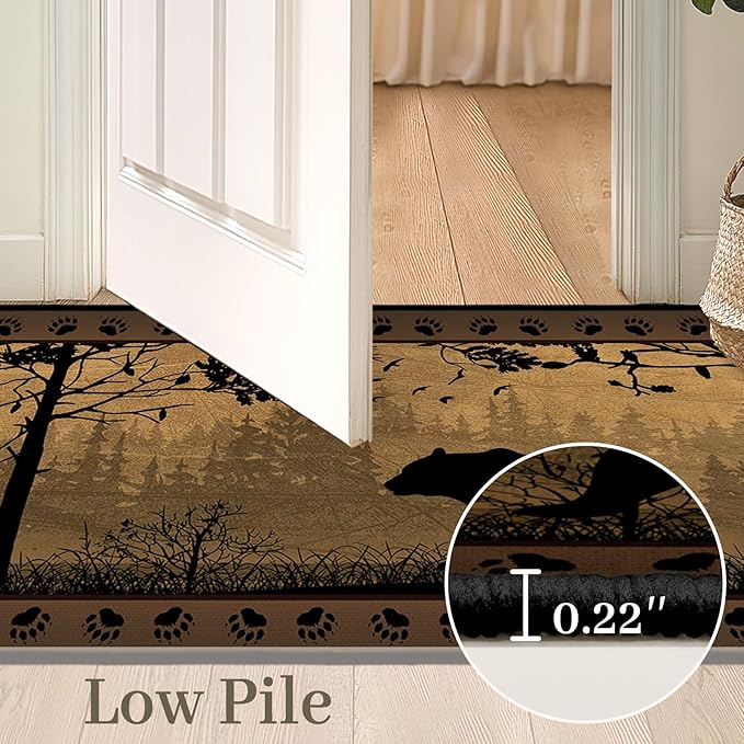 Rustic Cabin Wildlife Runner Rug 2x6,Bear Country,Ultra-Thin Throw Carpet Washable Kitchen Runners Vintage Hallway Rug Entrance Door Mat Non Slip Accent Area Rugs for Entryway,Laundry,Bathroom