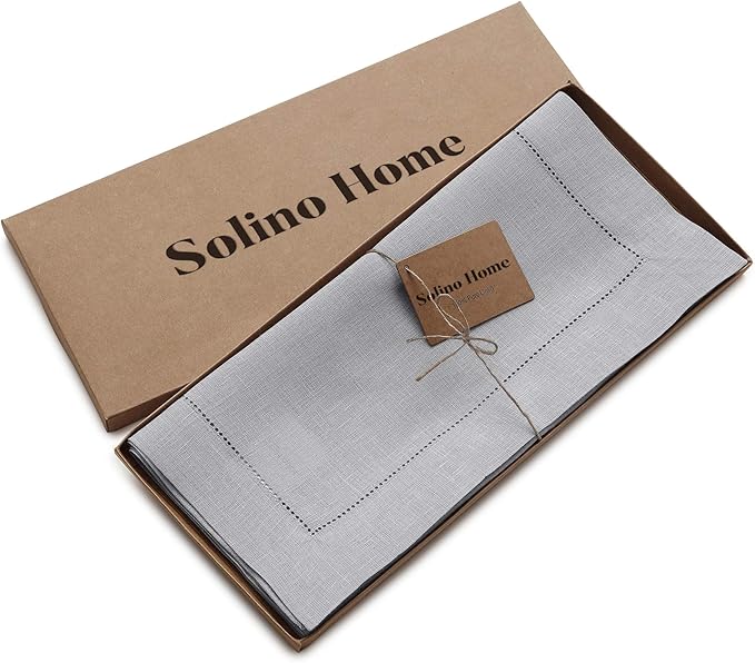 Solino Home Linen Soft Grey Table Runner 72 Inches Long - 100% Pure Linen Hemstitch Table Runner 14 x 72 Inch for Dresser, Dining, Christmas, New Year - Classic Hemstitch