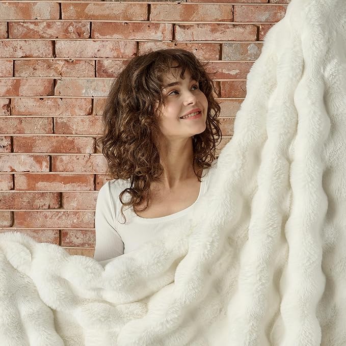 Lotus Karen Faux Fur Blanket - Cream White Twin Size, Big Bubble Rabbit Fluff, 60x80 Inches