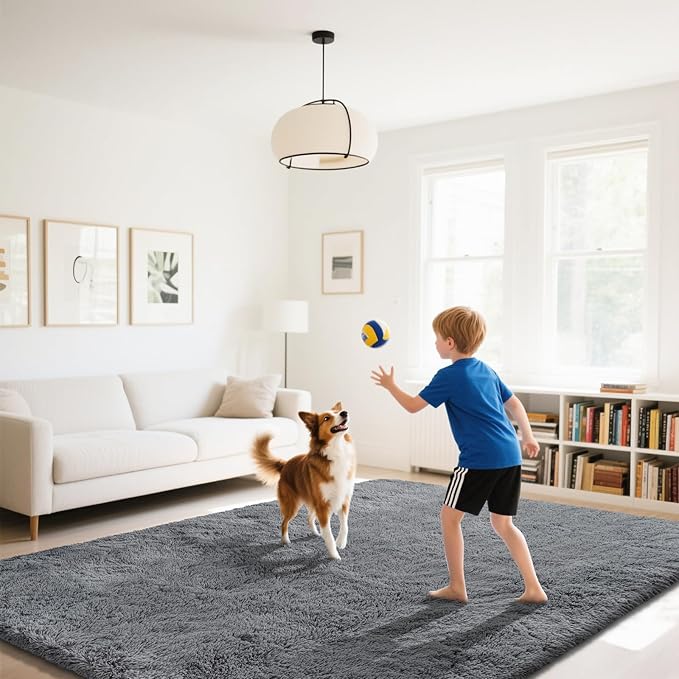 Fluffy Rug Shaggy Area Rug, Dark Grey 9x12 Area Rugs for Living Room, Large Shag Area Rugs for Bedroom Kids Room Home Decor, Upgrade Anti-Skid Rectangular Fuzzy Rugs