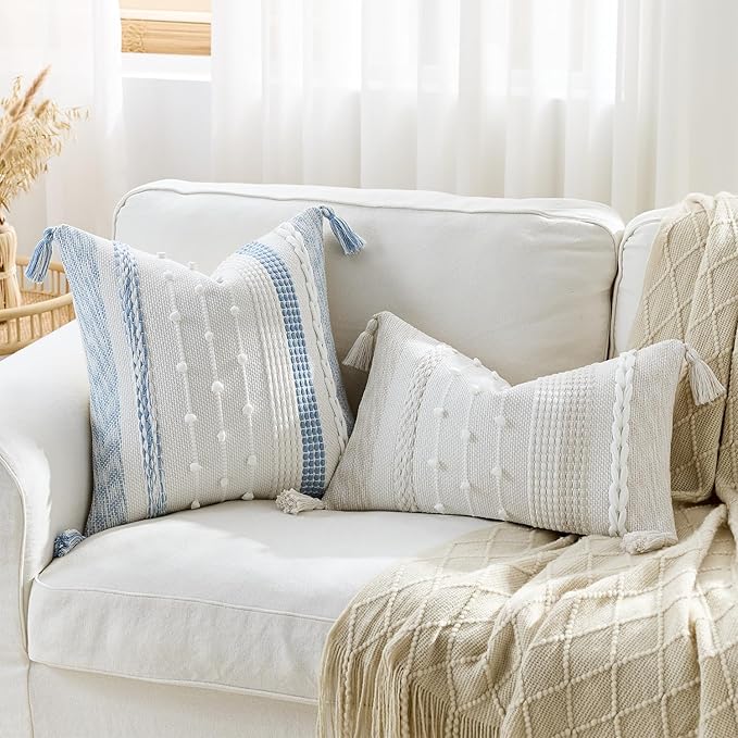 Boho Pillow Cover 18x18 Coastal Blue - Handmade Woven Textured Throw Pillow Case with Cordings & Tassels, Decorative Accent for Couch Sofa Farmhouse Living Room Home Decor